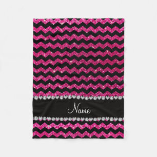 Aangepaste naam zwarte neon hot roze glitter chevr fleece deken