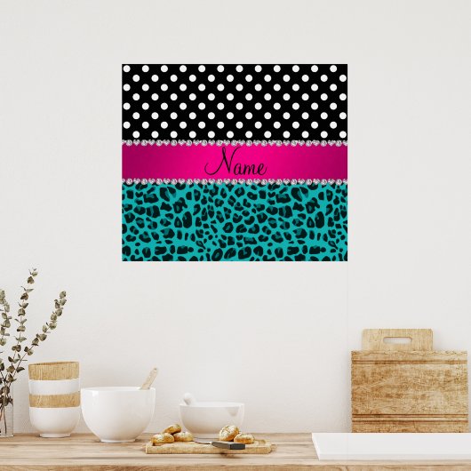 Aangepaste naam zwarte stippen met turquoise leopa poster (Keuken)