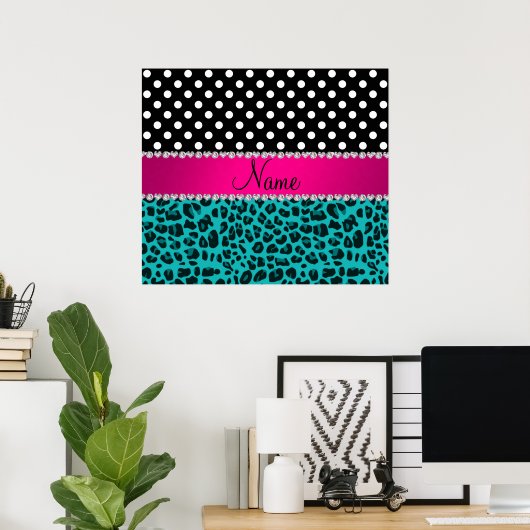 Aangepaste naam zwarte stippen met turquoise leopa poster (Thuiskantoor)
