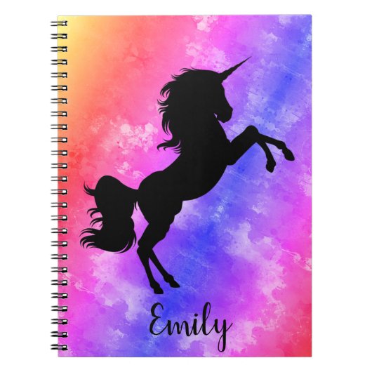 Aangepaste naam zwarte unicorn Rainbow Sky-laptop Notitieboek (Voorkant)