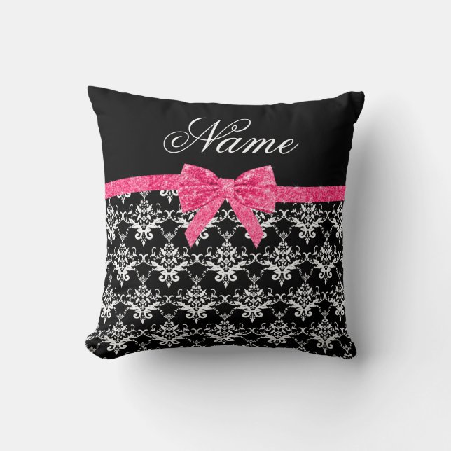 Aangepaste naam zwarte witte vocht roze glitterboo kussen (Voorkant)