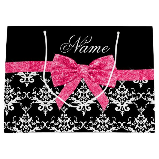 Aangepaste naam zwarte witte vocht roze glitterboo large cadeautasje (Voorkant)
