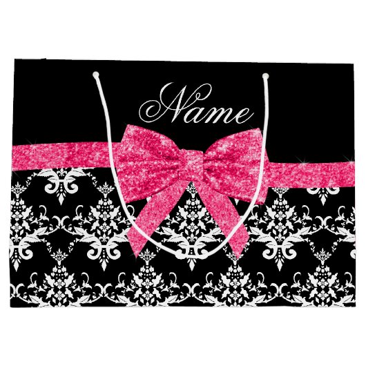 Aangepaste naam zwarte witte vocht roze glitterboo large cadeautasje (Achterkant)