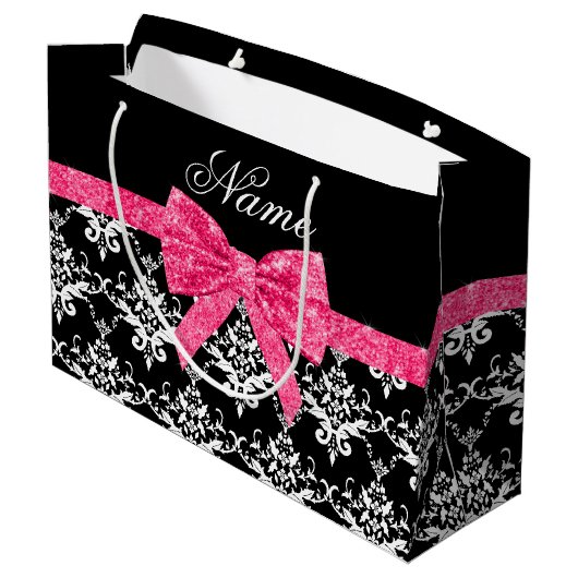 Aangepaste naam zwarte witte vocht roze glitterboo large cadeautasje (Achterkant Gekanteld)