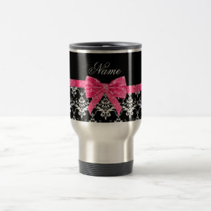 Aangepaste naam zwarte witte vocht roze glitterboo reisbeker