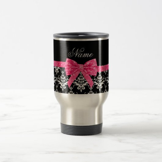 Aangepaste naam zwarte witte vocht roze glitterboo reisbeker (Center)