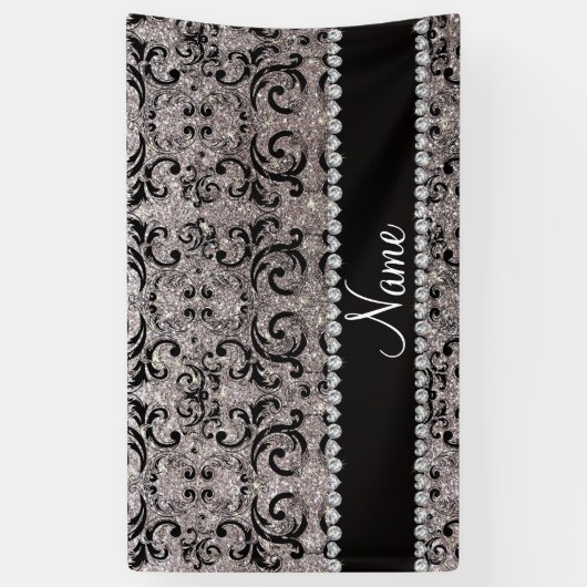Aangepaste naam zwarte zilverglitter spandoek (Verticaal)