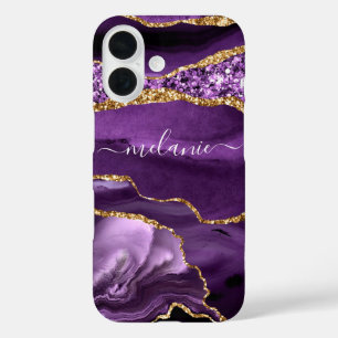 Aangepaste naamAgate Paarse Violet Gold Marble Jew iPhone 16 Hoesje