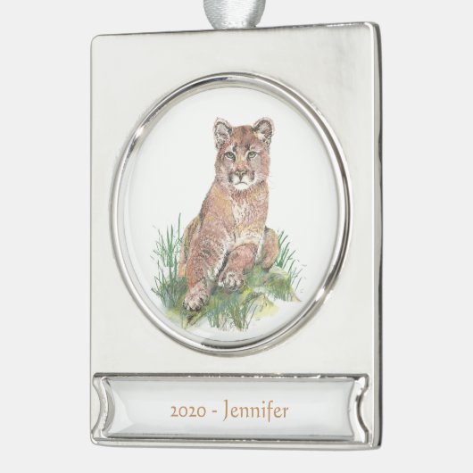 Aangepaste naamdatum Cougar, Waterverf van de berg Verzilverd Banner Ornament (Links)