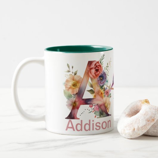 Aangepaste naamletter A Monogram | Floral Bird Des Tweekleurige Koffiemok (Met donut)
