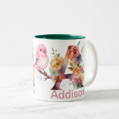 Aangepaste naamletter A Monogram | Floral Bird Des Tweekleurige Koffiemok (Voorkant rechts)