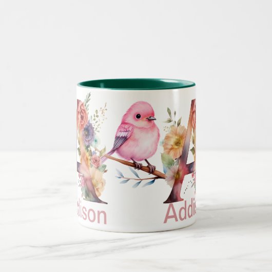 Aangepaste naamletter A Monogram | Floral Bird Des Tweekleurige Koffiemok (Center)