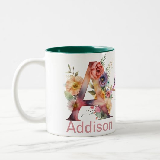 Aangepaste naamletter A Monogram | Floral Bird Des Tweekleurige Koffiemok (Links)