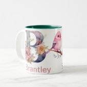 Aangepaste naamletter B Monogram Bloemenvogel ontw Tweekleurige Koffiemok (Voorkant links)