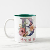 Aangepaste naamletter B Monogram Bloemenvogel ontw Tweekleurige Koffiemok (Links)