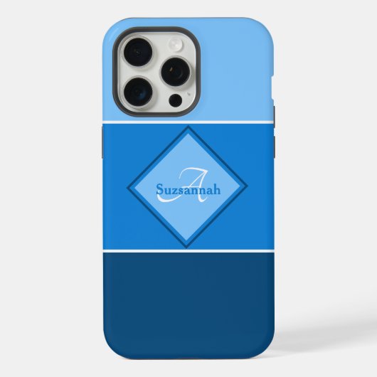 Aangepaste naammonogram drie blauwe ombre strepen iPhone hoesje (Achterkant)