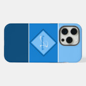 Aangepaste naammonogram drie blauwe ombre strepen iPhone hoesje (Achterkant horizontaal)