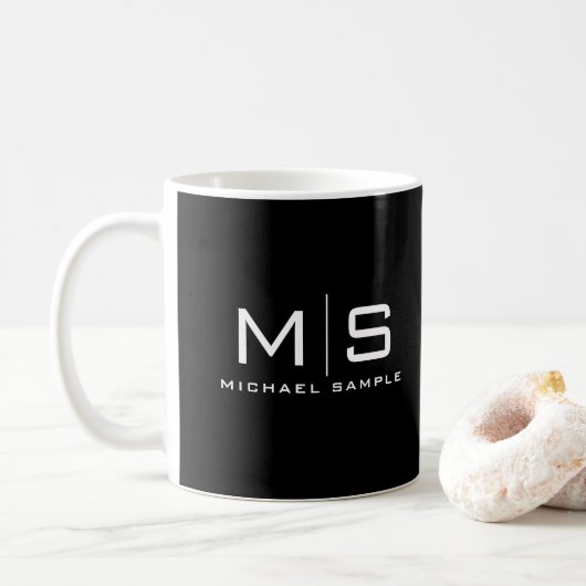 Aangepaste naammonogram Elegant Zwart en Wit Koffiemok (Met donut)