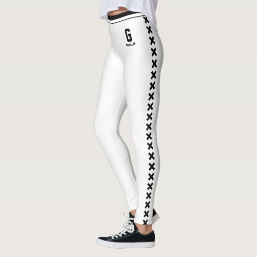 Aangepaste naammonogram Klassiek wit zwart patroon Leggings (Links)