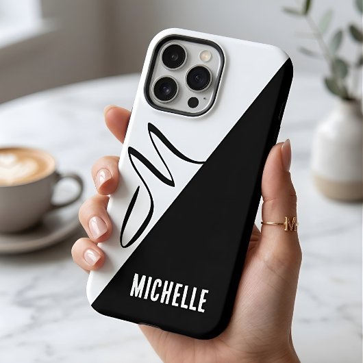 Aangepaste naammonogram Moderne Split Zwart & Wit Case-Mate iPhone Case