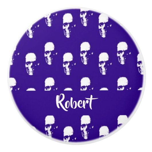 Aangepaste naamskulls op blauw keramische knop (Voorkant)