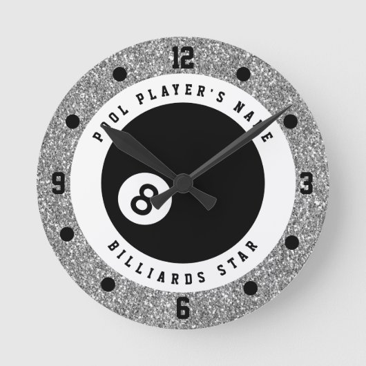 Aangepaste nama zilver glitter pool biljart ronde klok (Voorkant)