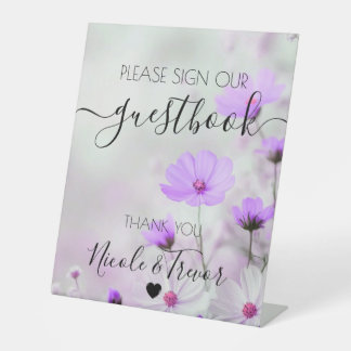 Aangepaste Namen Fijne Paarse Bloemen Tafelkaart Reclamebord Met Voetstuk
