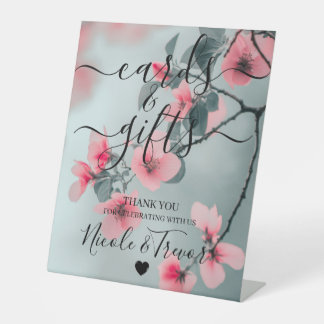 Aangepaste Namen Roze Bloesems Turquoise Kaarten & Reclamebord Met Voetstuk