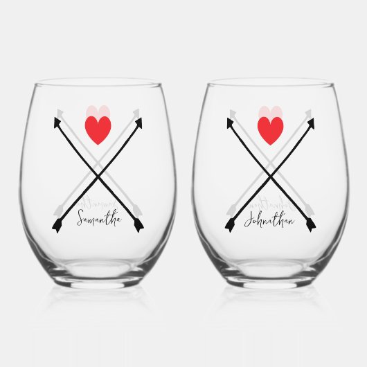 Aangepaste namen Valentijnsdag Red Hearts & Arrows Wijnglas Zonder Voet (Voorkant)