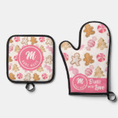 Aangepaste Nana Monogram Roze Suikerpruimen & Ging Ovenwant & Pannenlap Set (Voorkant)