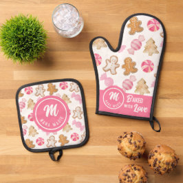 Aangepaste Nana Monogram Roze Suikerpruimen & Ging Ovenwant & Pannenlap Set