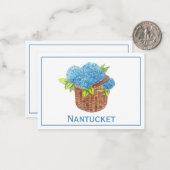 Aangepaste Nantucket Basket Blauwe Hortensia's Dan Notitiekaartje (Voorkant / Achterkant in situ)