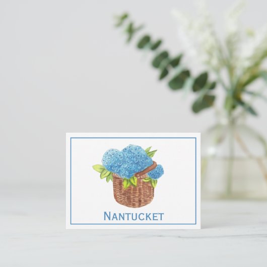 Aangepaste Nantucket Basket Blauwe Hortensia's Dan Notitiekaartje (Staand voorkant)
