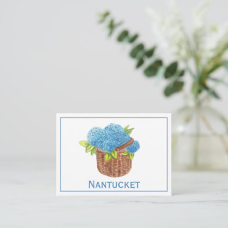 Aangepaste Nantucket Basket Blauwe Hortensia's Dan Notitiekaartje