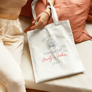 aangepaste Nantucket bruiloft welkom krab canvas t Tote Bag