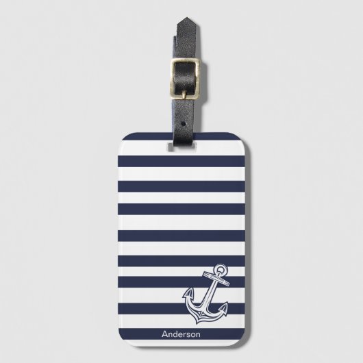 Aangepaste Nautical Anchor Bathroom Navy Blue stre Bagagelabel (Voorkant (verticaal))