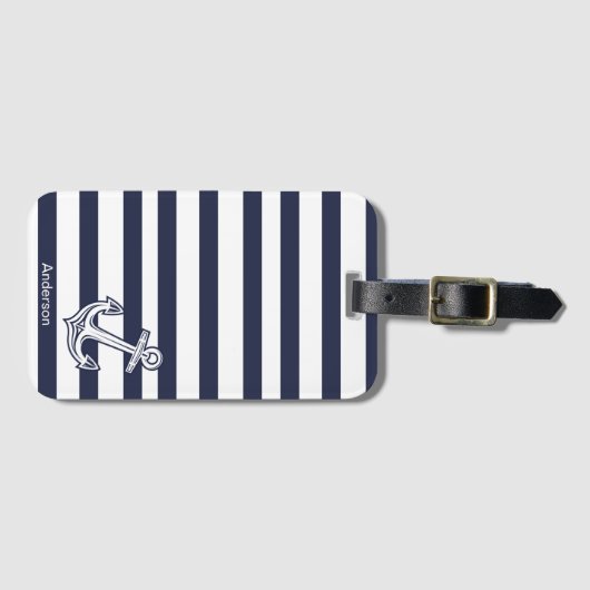 Aangepaste Nautical Anchor Bathroom Navy Blue stre Bagagelabel (Voorkant (horizontaal))