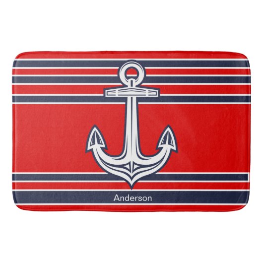 Aangepaste Nautical Anchor Bathroom Red Navy Blue Badmat (Voorkant)