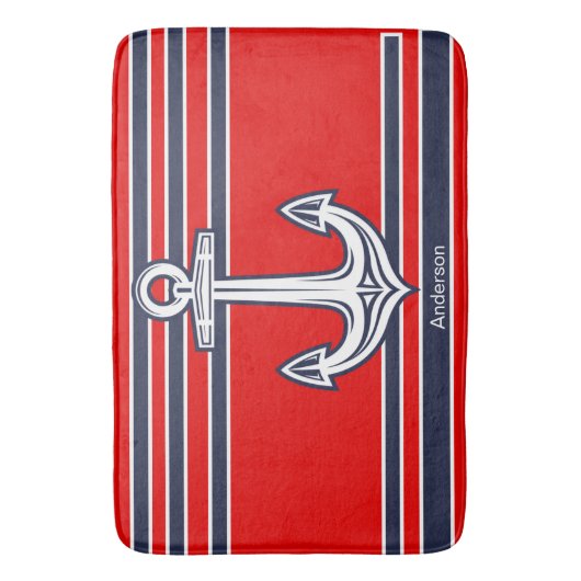 Aangepaste Nautical Anchor Bathroom Red Navy Blue Badmat (Voorkant Verticaal)