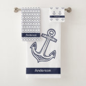Aangepaste Nautical Anchor Bathroom White Navy Blu Bad Handdoek (Insitu)