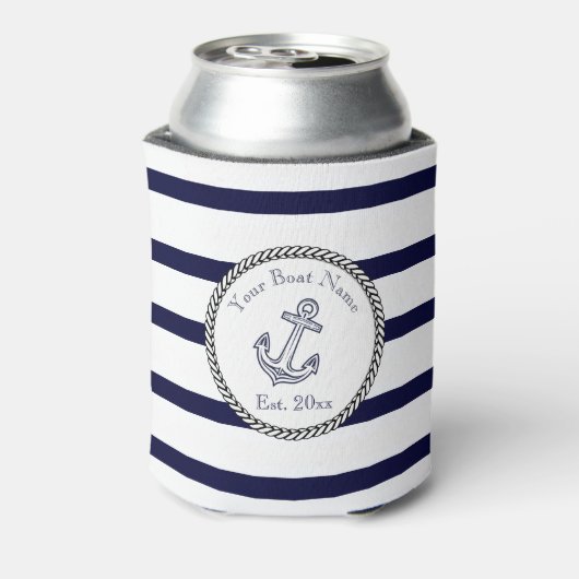 Aangepaste Nautical Anchor Navy Blue strepen Blikjeskoeler (Blikje Achterkant)