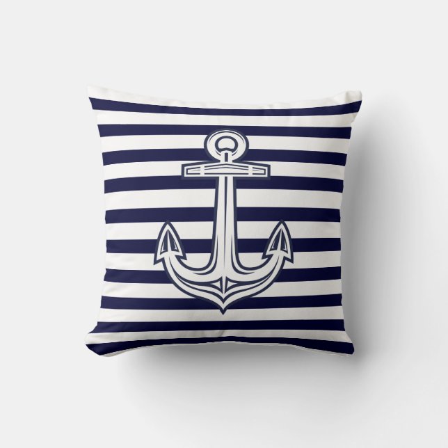 Aangepaste Nautical Anchor Navy Blue strepen Kussen (Voorkant)