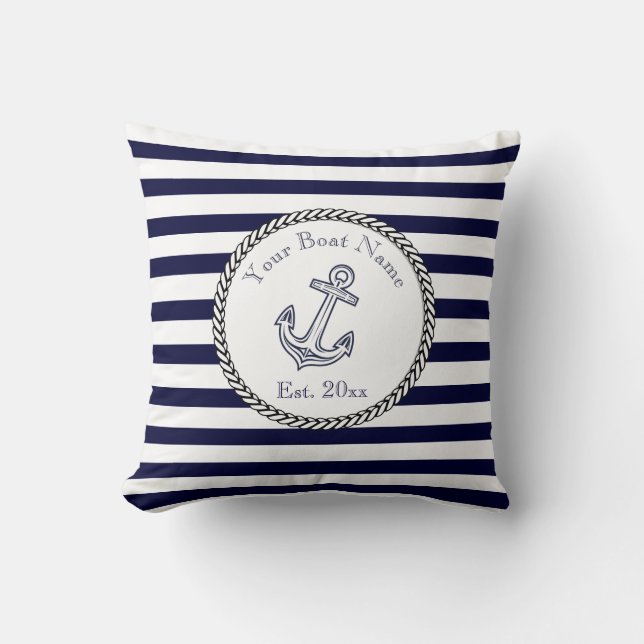 Aangepaste Nautical Anchor Navy Blue strepen Kussen (Voorkant)