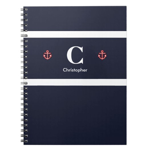 Aangepaste Nautical Anchor Navy Blue White Stripes Notitieboek (Voorkant)