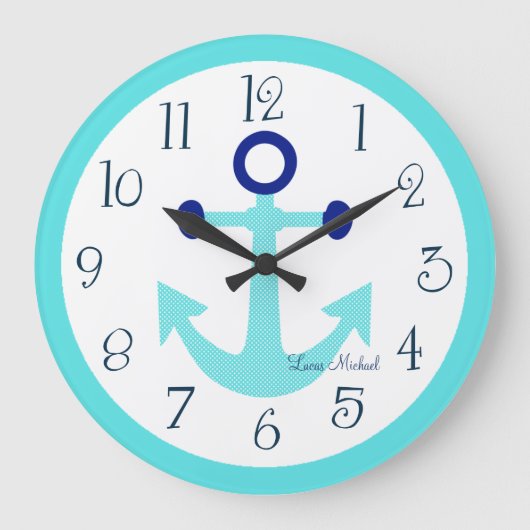 Aangepaste Nautical Aqua Anchor Nursery Clock Grote Klok (Voorkant)