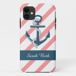 Aangepaste Nautical, Blue Anchor & Roos Stripes Case-Mate iPhone Case