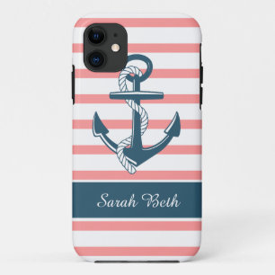 Aangepaste Nautical, Blue Anchor & Roos Stripes Case-Mate iPhone Case