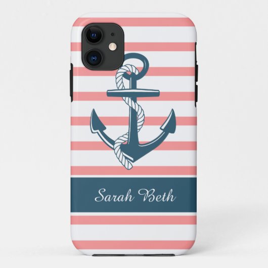 Aangepaste Nautical, Blue Anchor & Roos Stripes Case-Mate iPhone Case (Achterkant)