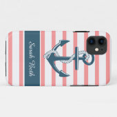 Aangepaste Nautical, Blue Anchor & Roos Stripes Case-Mate iPhone Case (Achterkant (horizontaal))