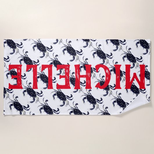 Aangepaste Nautical Blue Crab Beach Towel Strandlaken (Voorkant)